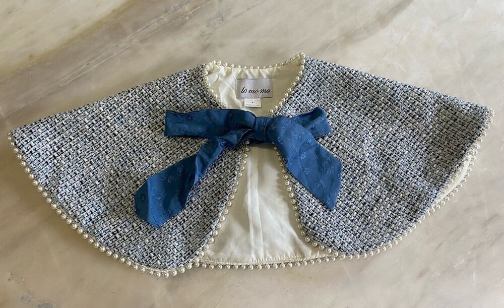 le mo mo girls cape capelet blue tweed pearl blue bow sz 6